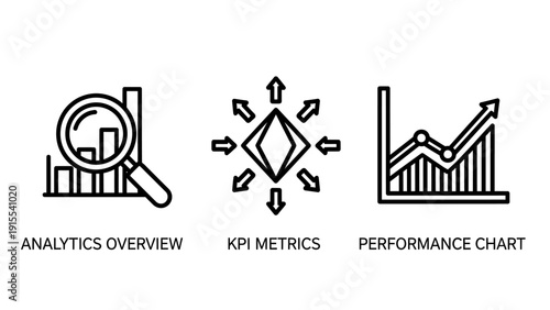 Icons depicting analytics overview, KPI metrics, and performance charts for business growth and data-driven decision making.