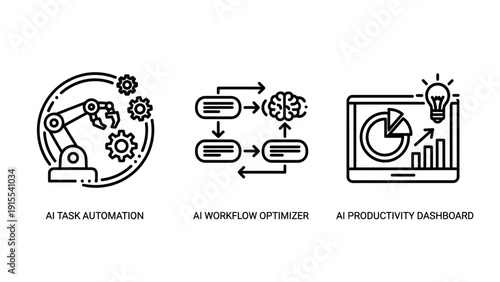 AI automation robot, workflow optimizer brain diagram, and productivity dashboard charts symbolizing intelligent business solutions.