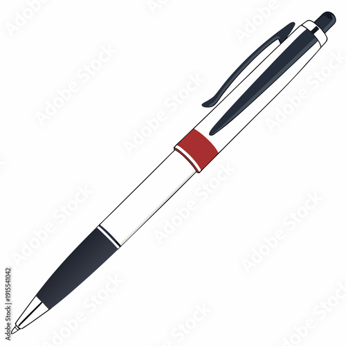 Elegant black and white ballpoint pen with a red accent ring and a silver clip, isolated on a white background. Professional and sleek design.