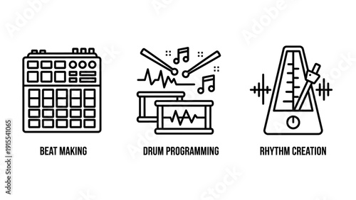 Set of icons representing music production: beat making, drum programming, and rhythm creation with simple line art style.