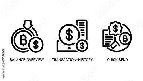Bitcoin and dollar icons representing cryptocurrency balance, transaction history, and quick send features in digital finance.