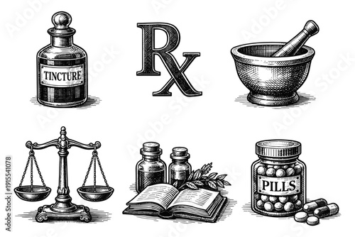 Vintage Pharmacy Set Engraving Style. Vector Hand Drawn Illustration of Medical Symbols, Tincture and Laboratory Equipment.