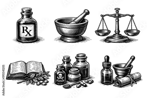 Vintage Pharmacy Set Engraving Style. Vector Hand Drawn Illustration of Medical Symbols, Tincture and Laboratory Equipment.