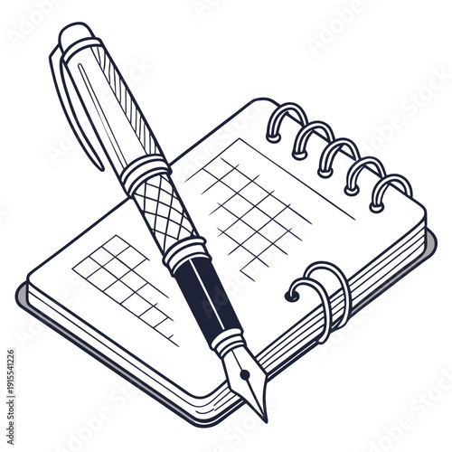 Foto Detailed illustration of a classic pen resting on a gridded spiral notebook, representing planning and creativity