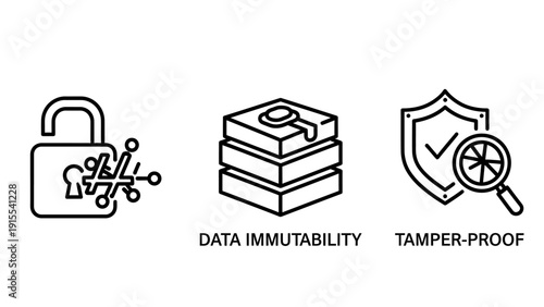 Icons representing data immutability, tamper-proof security, and cryptographic keys for secure digital information.