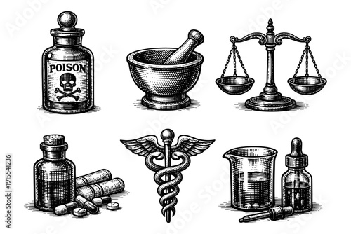 Vintage Pharmacy Set Engraving Style. Vector Hand Drawn Illustration of Medical Symbols, Tincture and Laboratory Equipment.