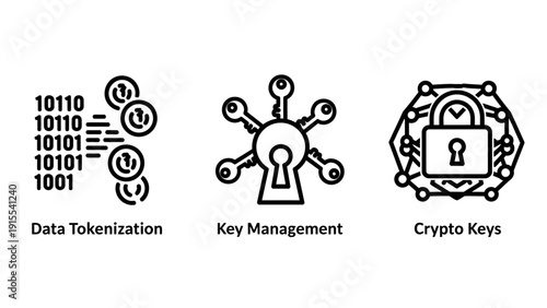 Icons symbolizing data tokenization, key management, and crypto keys for secure digital transactions and blockchain technology.