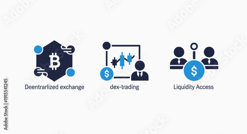 Icons illustrating decentralized exchange, cryptocurrency trading, and liquidity access in the digital finance market.