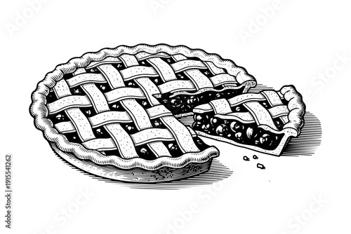 Vintage apple pie engraving, antique bakery sketch, traditional sweet pastry with lattice crust in woodcut style