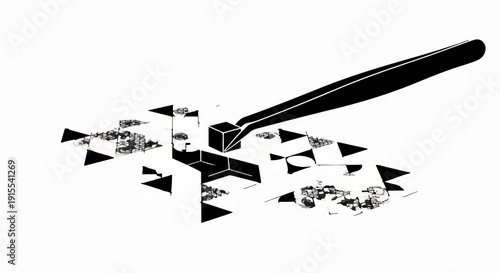 Precision tweezers carefully placing a small cube onto an intricate geometric structure
