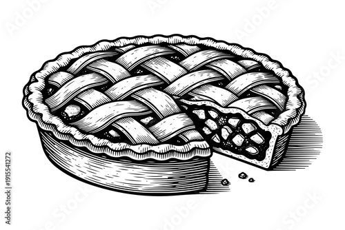 Vintage apple pie engraving, antique bakery sketch, traditional sweet pastry with lattice crust in woodcut style