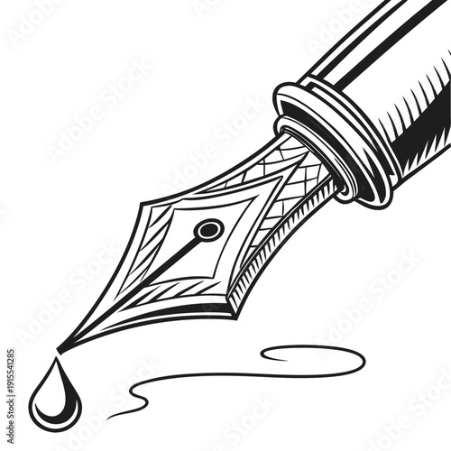 Close-up, detailed illustration of a classic black and white fountain pen nib with a drop of ink falling, symbolizing the art of writing.