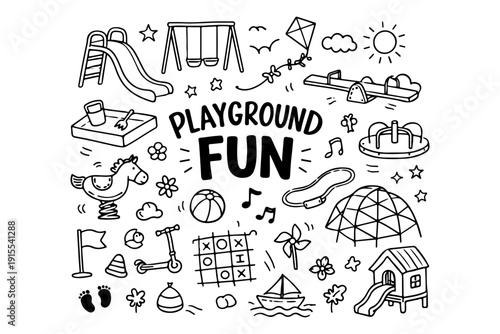 Playground Fun Hand Drawn Doodle Set. Vector Illustration of Kids Park Equipment and Games.