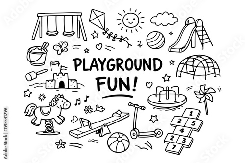 Playground Fun Hand Drawn Doodle Set. Vector Illustration of Kids Park Equipment and Games.