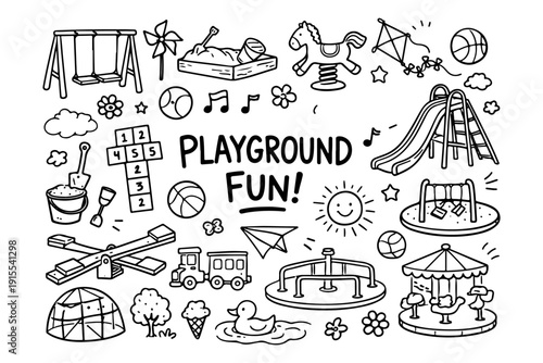Playground Fun Hand Drawn Doodle Set. Vector Illustration of Kids Park Equipment and Games.