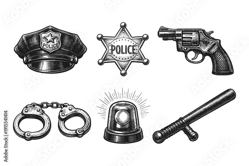 Vintage Police Set Engraving Style. Vector Hand Drawn Illustration of Badge, Car, Gun and Handcuffs.
