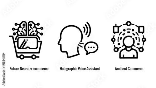 Futuristic commerce icons: AI brain in shopping cart, holographic assistant, and ambient data network for digital business