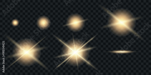 A set of golden light flashes and soft highlights of varying shapes and brightness on a transparent background, creating the effect of magical or cinematic light.