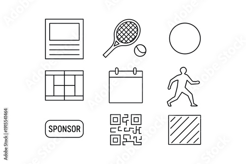 Line icons: tennis sports equipment and activities