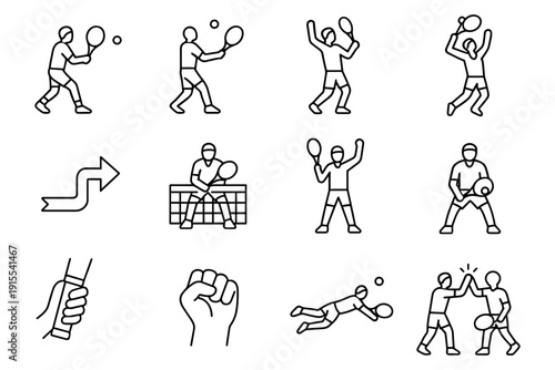 Dynamic tennis actions: outline icons of players and movements