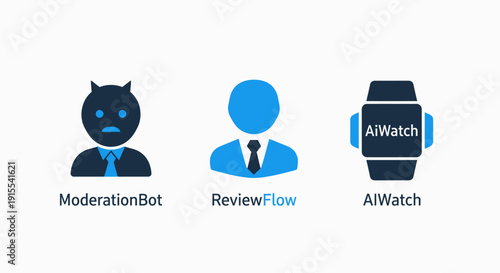 AI chatbot, user review, and smartwatch icons representing technology, customer service, and smart devices.