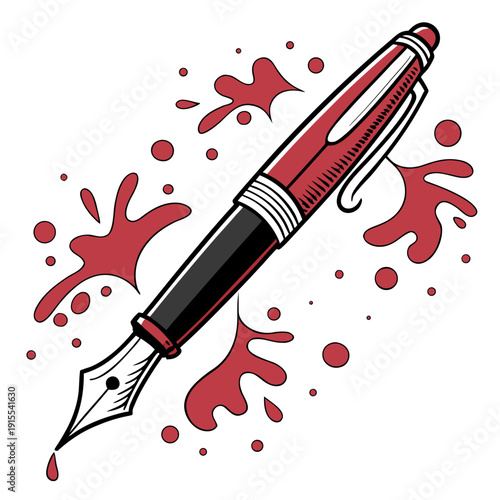 Vibrant red fountain pen with black accents, creating a splash of red ink in a lively, artistic composition.