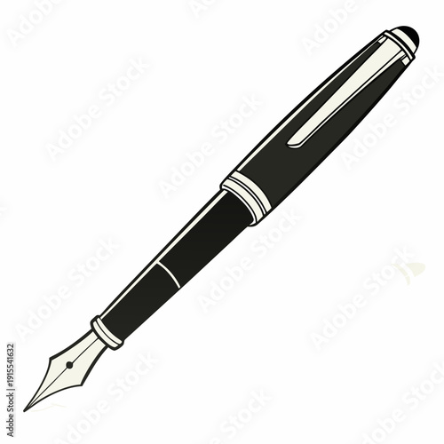 Classic black fountain pen shown from the side, isolated on a white background, ready for writing.
