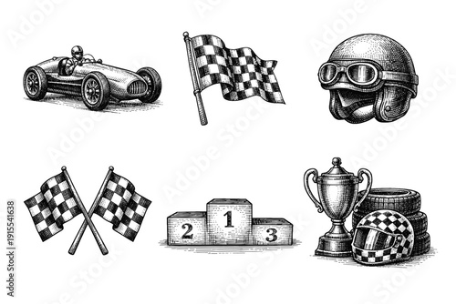 Vintage racing car engraving, antique motor sport sketch, retro automobile and speed competition illustration in woodcut style