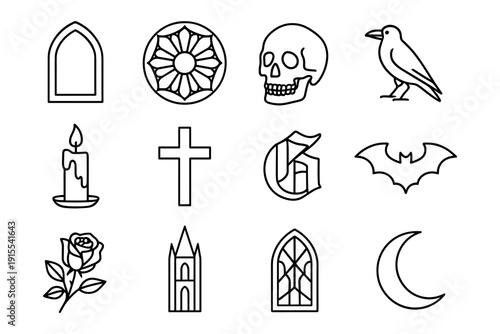 Gothic symbols outline collection featuring skulls, bats, moons, and gothic windows