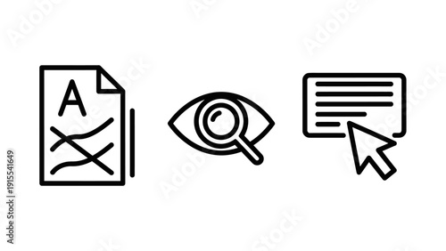 Icons represent document review, visual inspection, and digital interaction, symbolizing document analysis, quality control, and user engagement.