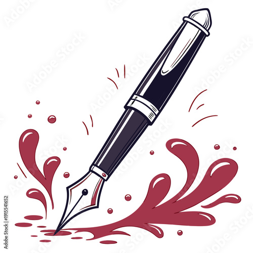 Dynamic illustration of a fountain pen splashing red ink, creating an energetic and artistic effect.