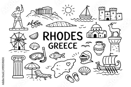 Rhodes Greece Travel Hand Drawn Doodle Set. Vector Illustration of Colossus, Landmarks and Summer Symbols.