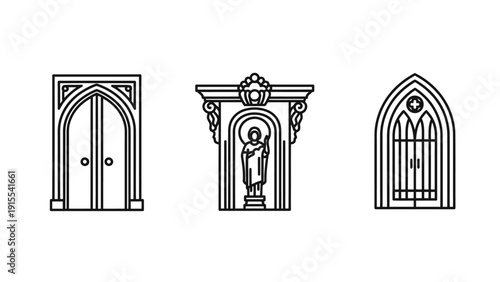 Architectural icons featuring arched doorways, a classical statue niche, and a gothic window, evoking historical buildings, landmarks, and heritage.