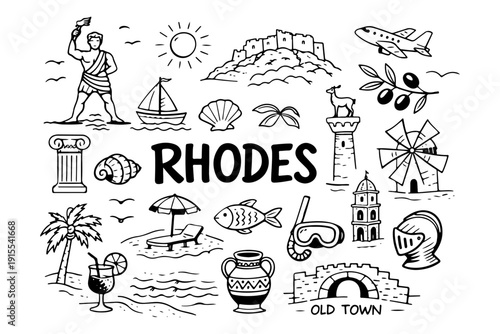 Rhodes Greece Travel Hand Drawn Doodle Set. Vector Illustration of Colossus, Landmarks and Summer Symbols.