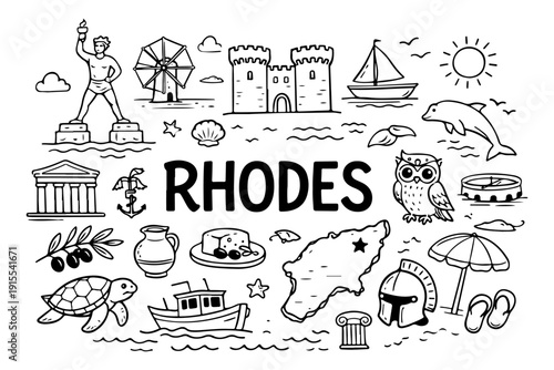 Rhodes Greece Travel Hand Drawn Doodle Set. Vector Illustration of Colossus, Landmarks and Summer Symbols.