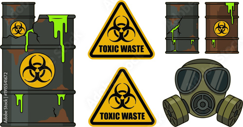 Biohazard scene with dripping toxic waste barrels, triangular biohazard signs, and a protective gas mask.