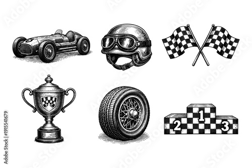 Vintage racing car engraving, antique motor sport sketch, retro automobile and speed competition illustration in woodcut style
