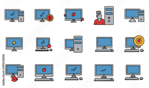 Computer screens display various graphics and charts