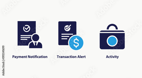 Digital icons representing payment notification, transaction alert with dollar sign, and activity tracking with a padlock for financial technology concepts.