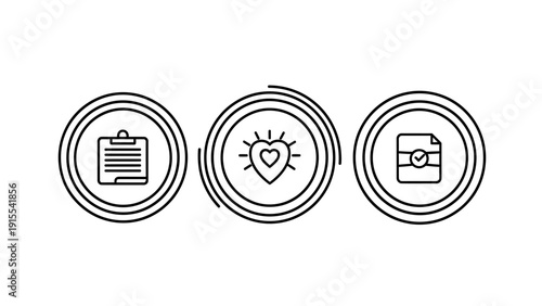 Set of three simple line icons: clipboard for notes, heart with rays for love or health, and a document with a clock for time management or deadlines.