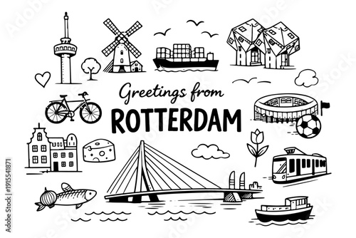 Rotterdam Travel Doodle Illustration in Hand-Drawn Black and White Line Art Style