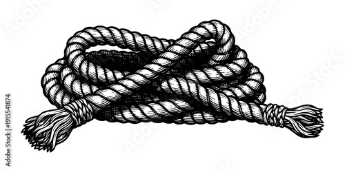 Vintage marine rope knot engraving, antique nautical cord sketch and maritime symbol illustration in woodcut style isolated