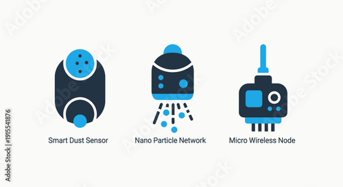 Modern flat icons representing smart technology: a dust sensor, a nano particle network, and a micro wireless node, ideal for IoT or tech concepts.