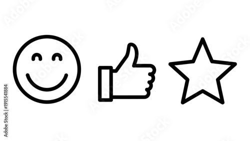 Simple outline icons showing positive feedback: a happy face emoji, a thumbs-up gesture, and a star rating symbol, perfect for reviews or customer satisfaction.