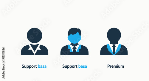 Flat design icons representing user support tiers: basic support, enhanced support, and premium service, for subscription plans or customer service levels.