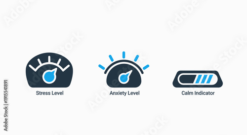 Modern flat icons illustrating emotional states and indicators: stress level, anxiety level, and calm indicator gauges, useful for mental health or performance metrics.