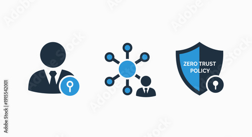 Zero Trust policy icons: user access, network nodes, and secure shield with keyhole for strict security