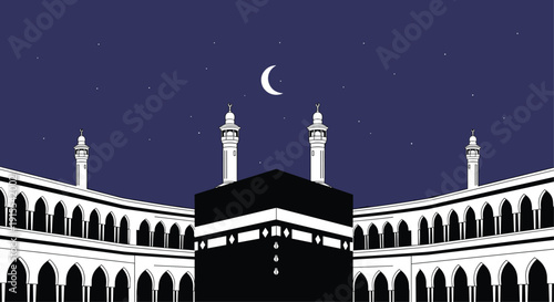 Holy Kaaba in Mecca at Night with Crescent Moon Flat Illustration