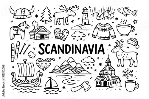 Hand drawn doodle set of Scandinavia travel elements and Nordic culture icons