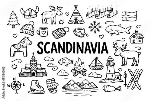 Hand drawn doodle set of Scandinavia travel elements and Nordic culture icons